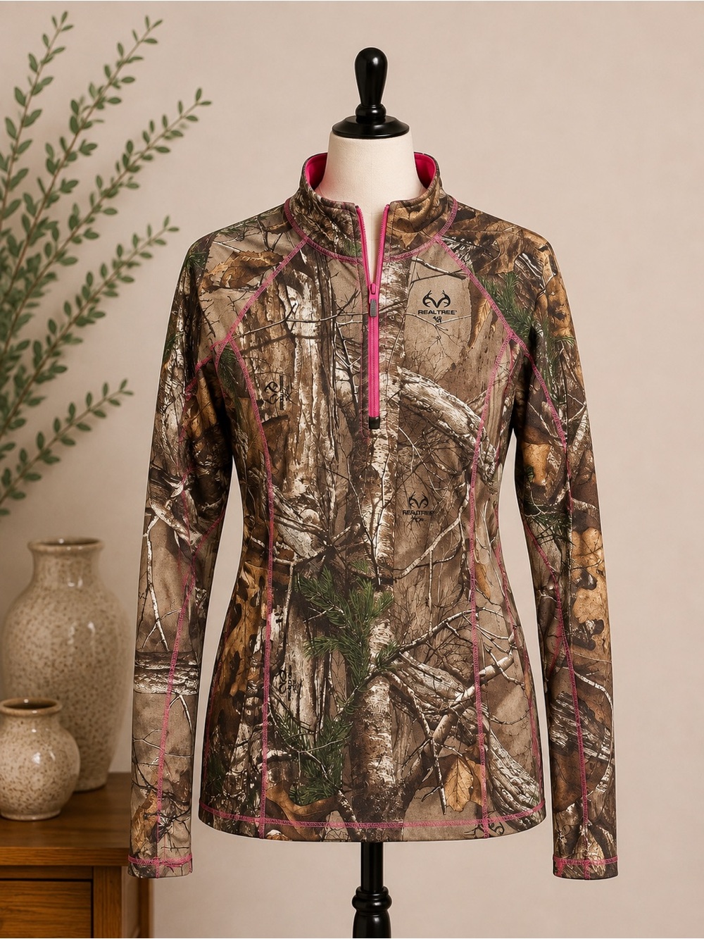 Realtree Women's Camo Quarter‑Zip Pullover with Pink Accents